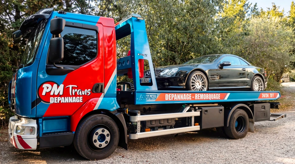 Scène extérieure sur route asphaltée au coucher de soleil avec véhicule SUV rouge garé
