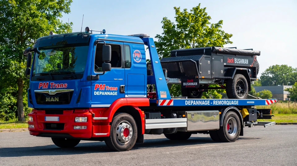 Camion semi-remorque blanc circulant sur autoroute au coucher du soleil, effet de vitesse avec flou de mouvement sur la chaussée et l'environnement