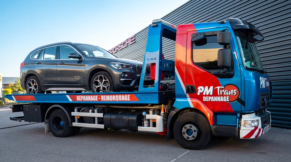 Camion plateau dépannage-remorquage Renault Premium, habillage vinyle full-wrap motif camouflage tricolore bleu-blanc-rouge, logo PM Trans
