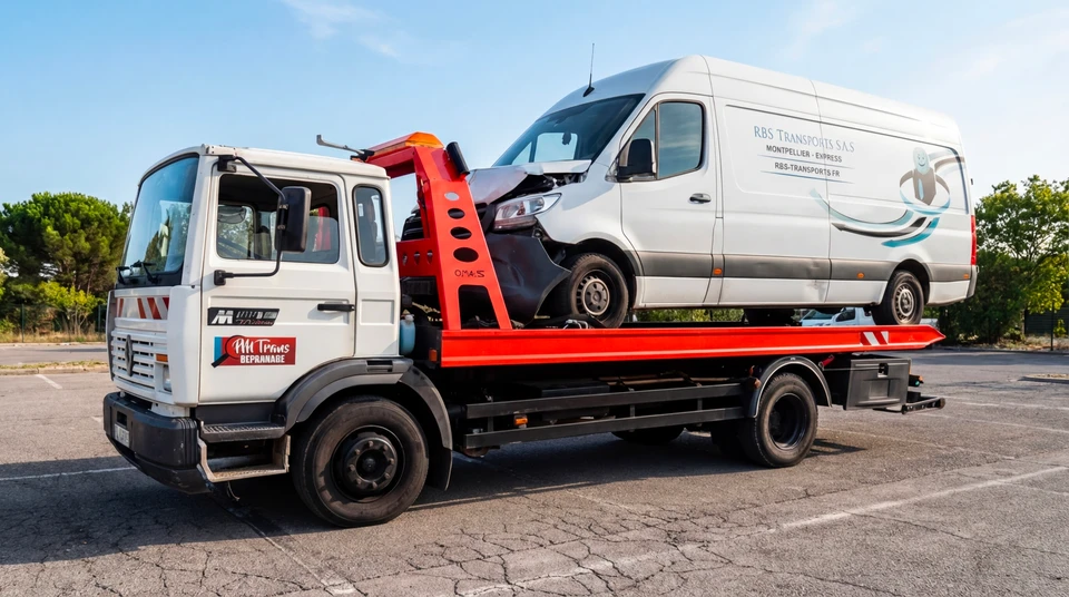 Camion de dépannage-remorquage PM Trans, carrosserie enveloppée vinyle camouflage bleu/rouge/blanc, plateau porte-voiture chargé d'une Renault Captur blanche accidentée, face avant détruite, moteur apparent