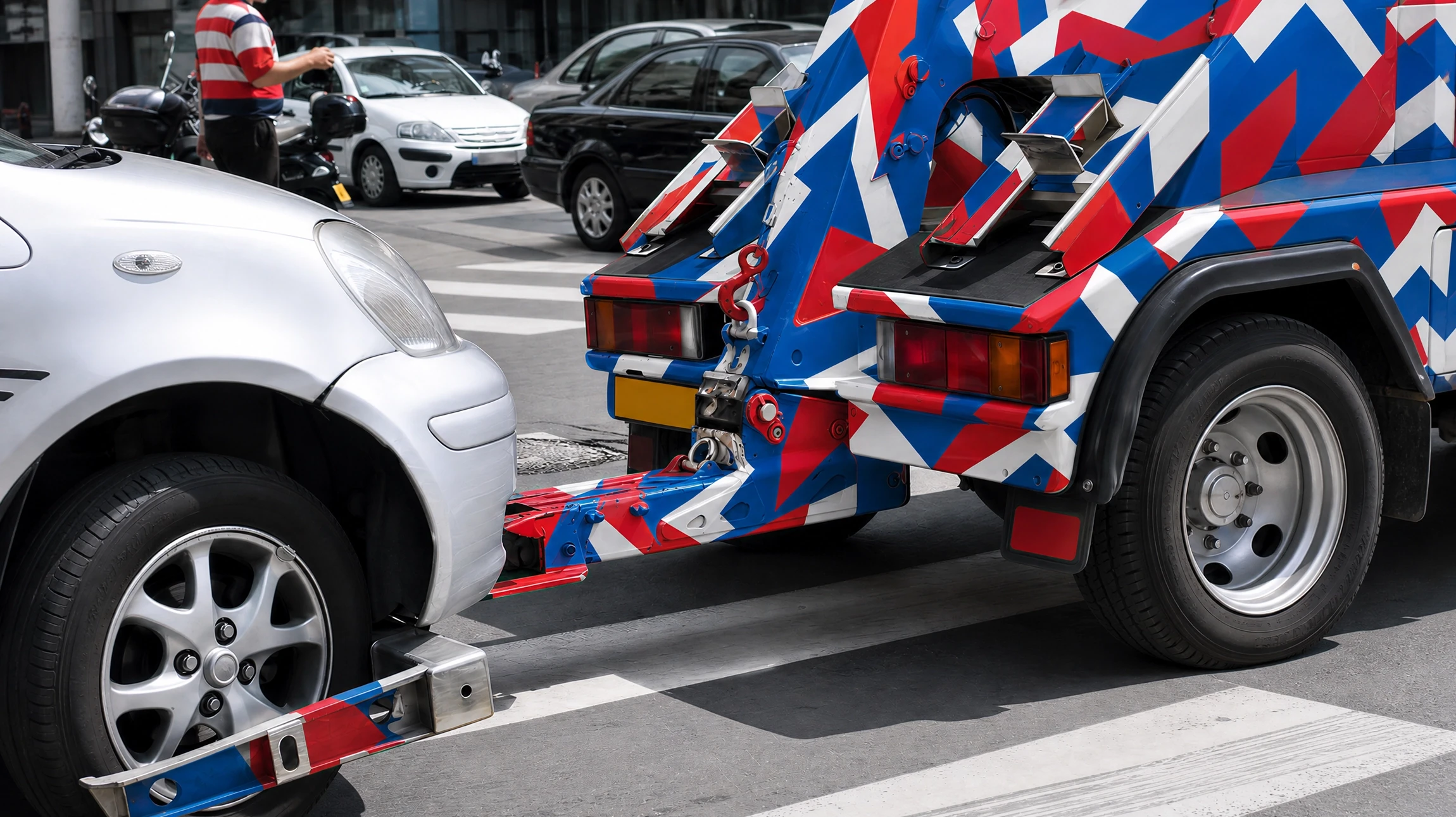 Vue aérienne d'une zone de stationnement de camions semi-remorques alignés en diagonale