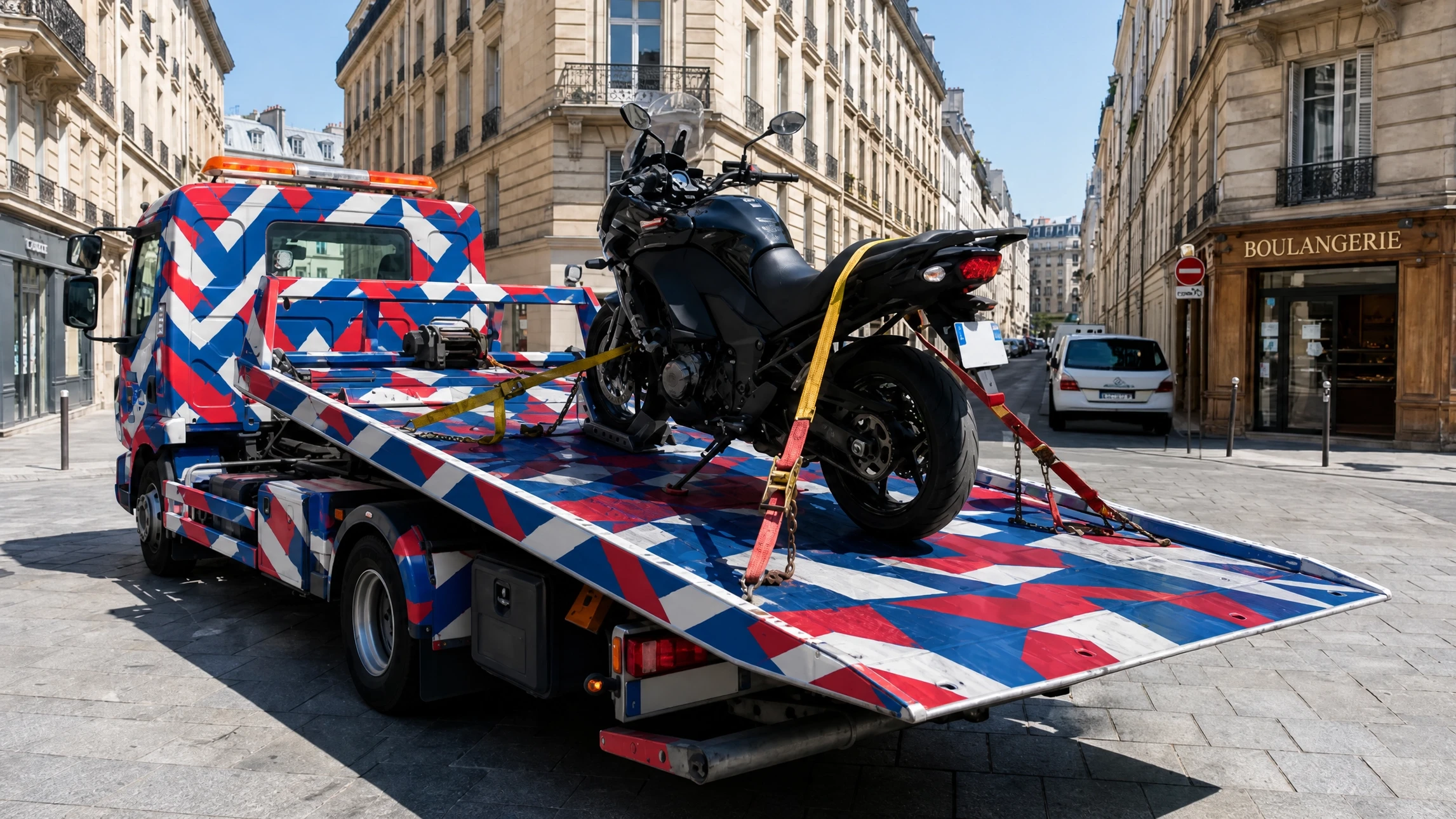 Scène extérieure montrant un véhicule SUV gris foncé tractant une remorque utilitaire blanche sur voie asphaltée, devant un mur en blocs de béton décoratifs